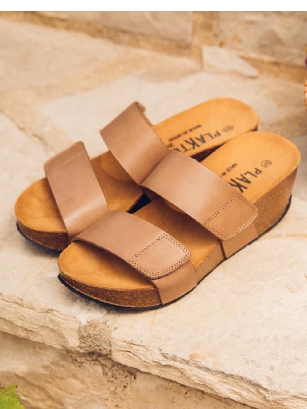 PLAKTON Tan Double-Band Cork Wedge Sandals